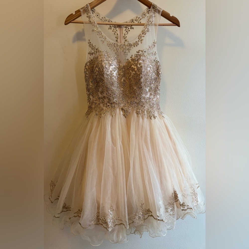 Stunning Short Formal, Gold Metallic Embroidery & Crystals